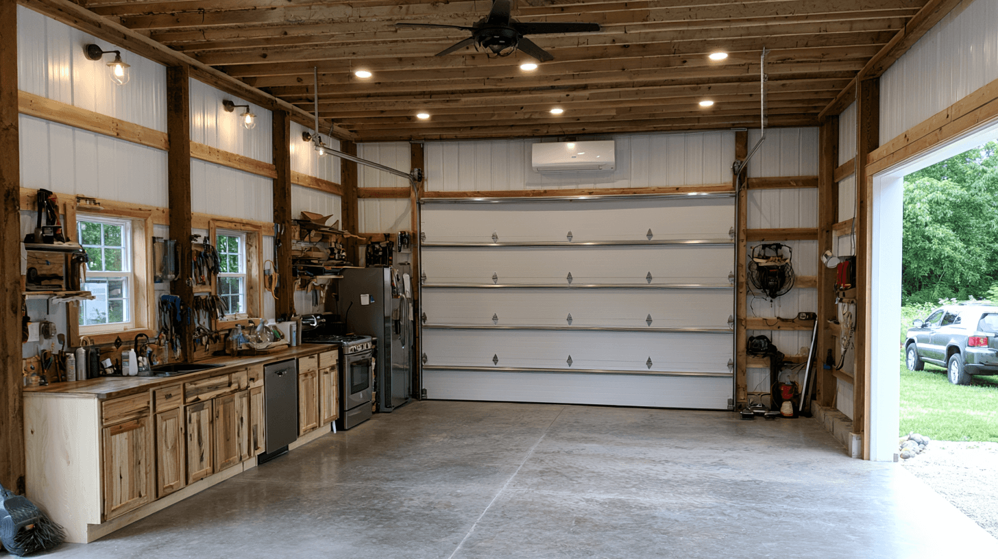 Ductless mini split HVAC installed in high-ceiling workshop and pole barn